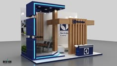 an exhibition stand with a blue and white color scheme