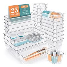 the drawers are organized with various items such as toothbrushes, brushes and more