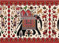 an intricately designed painting with elephants and people on the wall in red, white and green colors