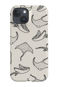 an iphone case with black and white drawings on it