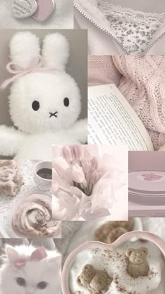 a collage of pink and white pictures with teddy bears, flowers, hearts, books