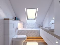 a white bathroom with skylight and wooden flooring