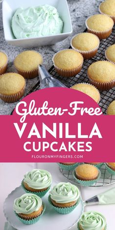 top: gluten-free vanilla cupcakes cooling on a black wire cooling rack next to a small white bowl full of green frosting; bottom: vanilla cupcakes with green frosting on a white cake dish on a white countertop