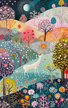 a painting of trees, flowers and a deer in the night sky with stars above