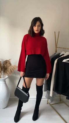 Christmas Inspired Outfits Casual, Black Skirt Red Top Outfit Christmas, Red Christmas Skirt Outfit, Red Christmas Outfits For Women, Fall Red Dress Outfit, Winter Valentines Day Outfit Night Dates, Red Sweater And Black Skirt Outfit, Christmas Outfit With Black Skirt, Christmas Outfit Ideas For Women Red