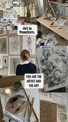 a collage of photos with some drawings and words on it that say, art is freedom you are the artist and the art