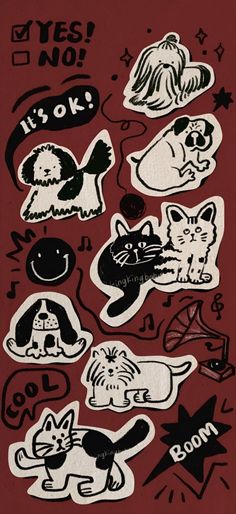 an image of various stickers on a red background with black and white writing that says yes no to cats