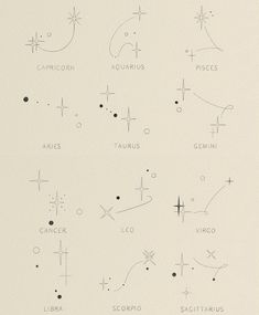 an image of zodiac signs written in black ink on white paper with space and stars