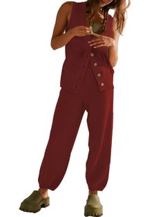 PRICES MAY VARY. Material: The ribbed knit set is made of 70% Viscose, 30% Nylon. With soft fabric, stretchy and skin-friendly, comfortable to wear, and perfect for all seasons. Unique Design: v neck lounge sets, sleeveless lounge wear set, ribbed knit set, button front jogger set, high waist pants set, wide leg matching sets, elastic waist sweatsuit set. Matching Style: You can match this comfy set with sneakers, mules, sandals, slippers for a laid back, adding outer or inner wear for a stylish Lounge Wear Work From Home, First Trimester Fashion, Matching Lounge Set, Thanksgiving Clothes, Aesthetic Fit, Lounge Wear Set, Mules Sandals, Comfy Sets, Dream Aesthetic