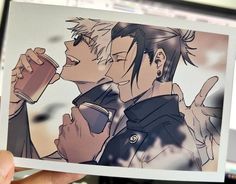 two anime characters are drinking coffee together