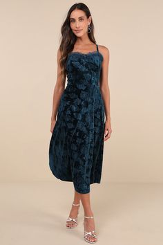 Your look will be a compliment-worthy conversation starter when you arrive in the Lulus Considered Glamour Dark Teal Crushed Velvet Buster Midi Dress! Plush crushed velvet boasts a burnout floral design as it shapes adjustable spaghetti straps and a bustier-style bodice with a sheer, ruffle-trimmed sweetheart neckline. Fitted waist tops an A-line skirt that ends with a midi hem. Hidden back zipper/clasp. Fit: This garment fits true to size. Length: Mid-calf length. Size medium measures 41.25" fr Teal Midi Dress, Bustier Midi Dress, Crushed Velvet Dress, Burnout Velvet, Velvet Midi Dress, Dark Teal, Crushed Velvet, Corset Dress, Full Skirt