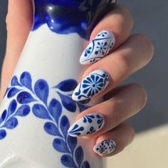 Warning: These nail art ideas may cause extreme jealousy and an overwhelming desire to promptly schedule your next appointment at the salon! So, if you’re not prepared to have the most enviable nails in town, it may be best to turn back now.  . Folk Nails Art, Blue And White Tequila Bottle Nails, Slavic Nail Art, Blue Willow Nails, Italian Tile Nails, Mediterranean Blue Nails, Portuguese Tile Nails, Azul Tequila Nails, Santorini Nails Design