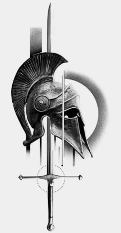 a black and white drawing of a helmet with two swords