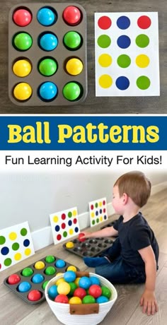 a boy playing with some colorful balls on the floor and in front of them is an image