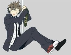 an anime character is sitting on the ground with his legs crossed and wearing a suit