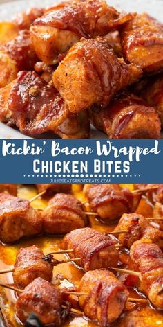 bacon wrapped chicken bites on skewers are ready to be eaten