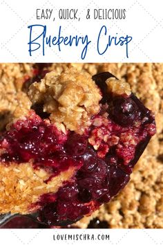 blueberry crisp on a spoon with the words easy, quick and delicious