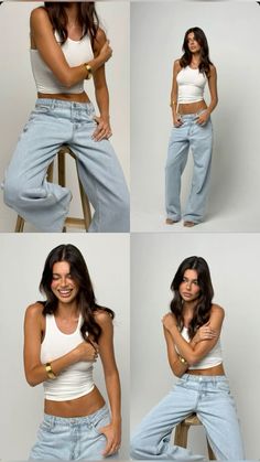 four different pictures of a woman in white top and blue jeans posing for the camera