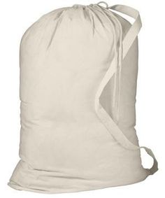 a white bag is shown with the handles down and one side has a drawstring strap