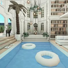 a living room filled with lots of furniture and a swimming pool in the middle of it