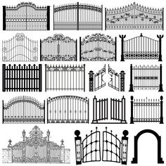 the various types of gates and gates in black and white, including one with an arched top