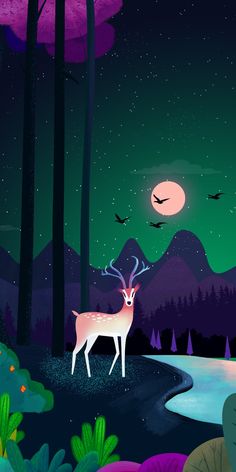 a deer standing in the middle of a forest at night