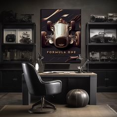 a desk with a chair and a poster on the wall above it that says formula one