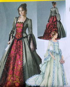 Here's a beautiful Victorian gothic style gown you can make yourself. Perfect for your next costume or cosplay, or even your wedding or any special occasion. Gown features: -  Bodice with flared sleeves -  Full Skirt -  Bustle and train -  Train is detachable -  Laces in back of bodice Size: 6 - 12 Bust: 30" - 34" Waist:  23" - 26"  Hip:  32" - 36" UNCUT, complete, LIKE NEW with instructions. Light wear to envelope due to storage. No musty odors.  Non-smoking home. LOTS more in our shop! http://www.etsy.com/shop/clutterina Pirate Dresses, Gothic Ball Gown, Theatre Bizarre, Ball Attire, 18th Century Dresses, Victorian Wedding Dress, Medieval Party, Vintage Vogue Sewing Patterns, Costume Sewing