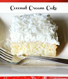 a piece of coconut cream cake on a plate with a fork