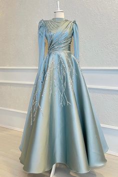 A-Line Prom Dress with Pleated Appliques and Beads - High Collar Long Sleeves Formal Prom Dresses Long, A Line Prom Dress, Gaun Fashion, A Line Prom Dresses, Formal Dresses Prom, Beaded Dress