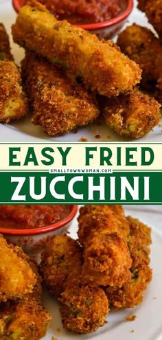 fried zucchini on a plate with tomato sauce