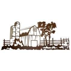 an image of a farm scene with barn and silo in the foreground on a white background