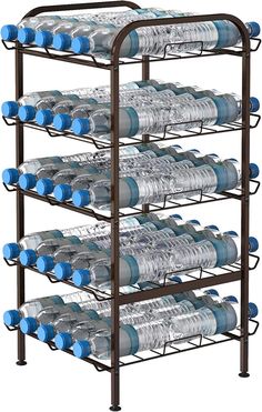 a metal rack filled with lots of water bottles