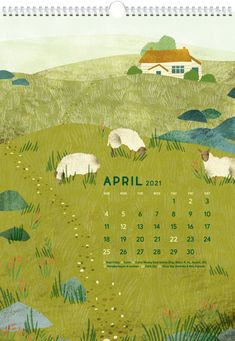 a calendar with sheep grazing in a field next to a small house on top of a hill