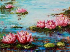 a painting of pink water lilies in a pond