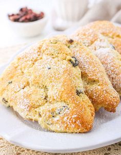 two blueberry scones on a white plate with powdered sugar and berries in the background