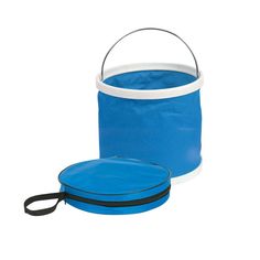 a blue and white bucket with a black handle next to it on a white background