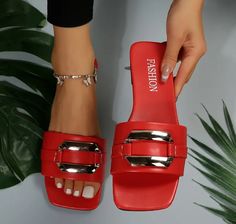 Summer Party Slides With Flat Heel, Flat Heel Slides For Summer Parties, Casual Summer Party Slides, Casual Party Slides For Summer, Casual Slides For Summer Parties, Summer Party Slide Sandals, Red Slides For Spring Vacation, Red Single Toe Strap Sandals For Summer, Red Sandals For Beach Season Party