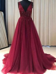 Burgundy Prom Dress A Line Simple Modest V-neck Long Prom Dress # VB1364 Gaun Tulle, Ruffle Tulle Dress, Burgundy Formal Dress, Prom Dresses Burgundy, School Dance Dresses, Graduation Party Dresses, Prom Dresses 2018, Burgundy Prom Dress, Beaded Prom Dress