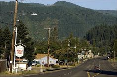 an empty street in the middle of a forested area with mountains in the back ground