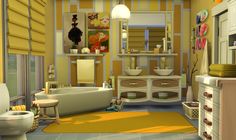 the bathroom is decorated in yellow and brown colors with lots of decor on the walls