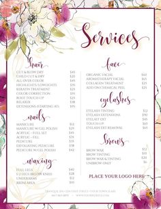 a menu with flowers on it and the words services written in pink, yellow and white