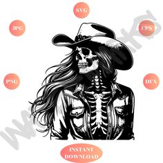 a skeleton wearing a cowboy hat and long hair with the caption instant download