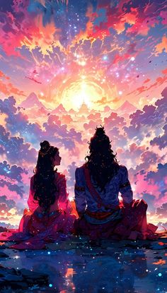 two people sitting on the ground looking at something in the sky with clouds above them