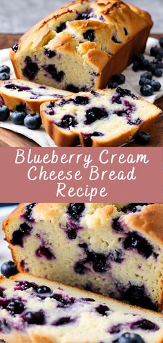 blueberry cream cheese bread is sliced and ready to be eaten