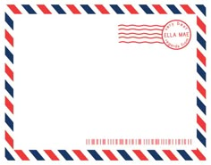 a red, white and blue postcard with a stamp on it's side