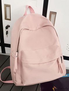 BirdinBag - Medium Nylon Zipper Backpack: Timeless Minimalist Design Solid Backpack With Zipper Pocket For Back To School, Solid Color Nylon Backpack For Daily Use, Solid Color Student Bag With Zipper Closure, Light Pink Backpack, Minimalist Bag, College University, Pink Backpack, Classic Backpack, Style Minimalist