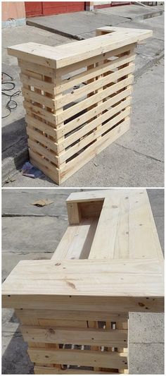 two different views of a bench made out of wooden pallets and some sort of box