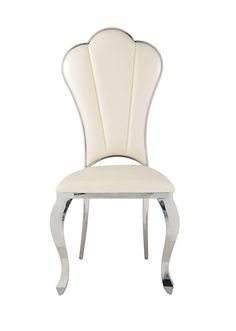 a white chair with silver trimmings on the back and seat, against a white background