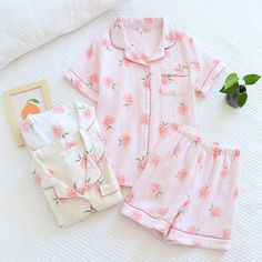 Japanese Ladies Pajamas Short Sleeves is a nightdress for the girl who likes to sleep in cute, girly things. The sleeves and the bottom are short with a subtle pattern. This night dress is perfect for your wife, daughter, niece, or granddaughter for the summer season. This loungewear is all you need to help relax at home. They are soft and easy to touch which projects versatility and effortless grace in every step you take. Made to make you feel good, each of our Original Pajamas is an expressio Kawaii Sets For Pajama Party In Summer, Kawaii Pajama Party Sets For Summer, Kawaii Sleepwear For Summer Pajama Party, Casual Sleepwear With Strawberry Print For Pajama Party, Kawaii Summer Pajama Party Sleepwear, Lounging Outfit, Sleepwear Fashion, Womens Pajama Shorts, Women's Fashion Set